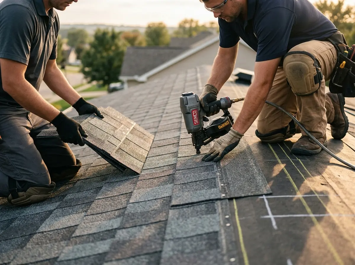 Professional roofer working on a residential roof in Hazleton